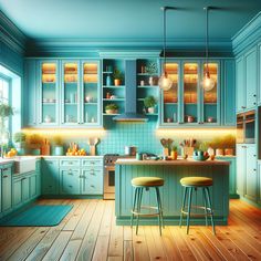 a painting of a kitchen with blue cabinets and stools in the middle of the room