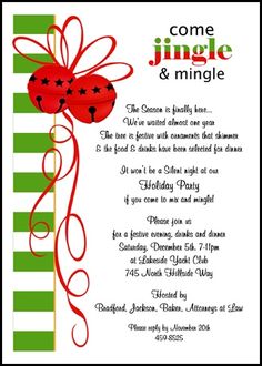 a christmas party card with a red bow on it's side and the words come, jingle & mingle