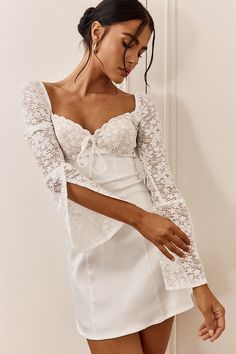 Ti Amo Lace Bust Long Sleeve Mini Dress White by Selfie Leslie Courthouse Marriage, Wedding Fits, Perspex Heels, Selfie Leslie, Mini Dress White, Graduation Dresses, Marriage Certificate, 2024 Wedding, Romantic Lace