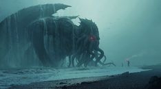 an octopus is standing in the water near a giant monster like creature that appears to be floating