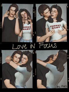 four pictures of two people hugging each other and the words love in focus written on them