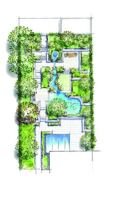 a drawing of a garden with trees, water and plants on it's sides