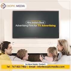 the advertisement for an advertiser is displayed in front of a television screen with three people