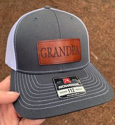 Grandpa leather patch hat Hat is made with our Charcoal/white hat Richardson 112 Snapback hat and Yupoong Snapback Hats 100% Full Grain Laser Engraved Leather Patch Hat This is not the fake leather that you see on some of the cheaper hats, we hand stain each piece of leather Leather Patch Hat, Laser Engraved Leather, Patch Hat, Hat Ideas, Gifts For New Dads, Leather Hats, White Hat, New Dads, Cute Hats