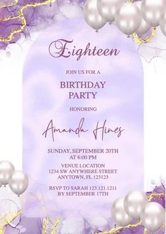 an elegant birthday party with balloons and confetti on purple marbled paper background