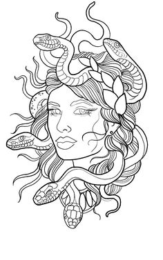 a woman's face with snakes on her head