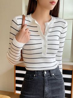 Striped Pattern Half Button Ribbed Knit Sweater White Casual  Long Sleeve Fabric Striped Pullovers Medium Stretch Spring/Fall Women Clothing, size features are:Bust: ,Length: ,Sleeve Length: Women Sweaters, Cool Fits, Knitting Women Sweater, Ribbed Knit Sweater, Chocolate Molds, White Casual, Kids Beachwear, White Sweaters, Knitwear Women