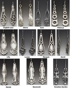 many different types of earrings are shown in this image, including one with an intricate design and