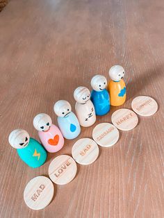 Feelings, Emotions Peg Doll Set Spanish/English - GMD Boutique Emotions In Spanish, Wooden Clothespin Crafts, Wooden People, Strong Emotions, Spanish And English, Wood Peg Dolls, Toy Maker, Peg People, Clothes Pin Crafts