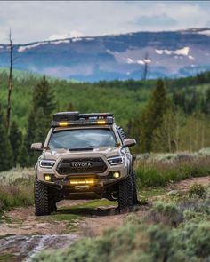 a truck driving down a dirt road in the middle of a forest with mountains in the background