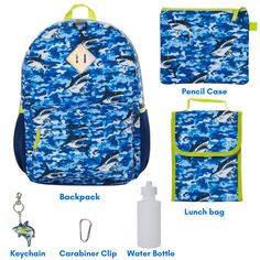 The Ocean Blue Camo Shark Backpack Set for Boys is a complete back-to-school package that includes everything kids need to start their academic year on the right foot. The set comprises a 16-inch backpack with a camo shark print, a foldable lunchbox, a BPA-free water bottle, a carabiner clip, a large pencil pouch, and a shark key chain. The backpack is designed to fit the needs of elementary and middle school students, with a roomy main compartment that can accommodate folders, binders, and note Durable Blue School Backpack, Educational Blue Backpack For Everyday Use, Blue Backpack For School Events, Shark Backpack, Boys 16, Square Backpack, School Supplies Organization, Keeping Kids Safe, Backpack Set