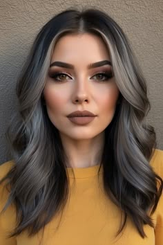 Elevate your style with our ultimate guide to perfecting the grey blending dark hair trend. From techniques to product recommendations, we've got you covered for a flawless transformation. Chocolate Silver Hair, Blend Grey Hair Highlights Dark Brown, Dark Hair Ideas For Winter, Ash Brunette Hair Dark, Brown To Grey Hair Transformation, How To Cover Grey Hair In Dark Hair, Dark Hair With Grey, Smoky Hair Color, Ash Balayage On Dark Hair