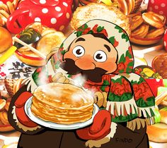 a cartoon character holding a plate of pancakes in front of many other foods and desserts