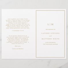 a wedding program booklet with gold foil on the front and back, in white paper