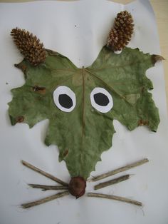 a paper plate with a leaf shaped like a cat's face and two pine cones sticking out of it