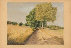 a painting of a dirt road with trees and grass