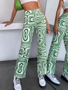 Green Casual   Polyester Marble Straight Leg Embellished Non-Stretch Spring/Summer/Fall Women Bottoms Harry Styles Concert Outfit, Harry Styles Outfit, Women Bottoms, Funky Outfits, Cute Pants, Fun Pants, Printed Trousers, Colored Pants, Print Pants