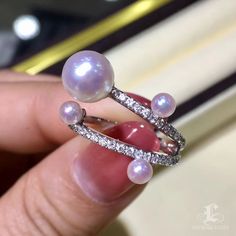 Highline: Famous Style Product Information OriginJapan MaterialAkoya Pearl, 18k Gold, and Diamond Dimensions- Pearl Shaped: Round Size: 3-4 mm & 7-8 mm Quality: AAA Nacre: Very Thick Color: Rose Overton Luster: Very High Accessories Metal: 3.2g of 18k White Gold Other: 0.38ct of SI Quality Natural Diamond Pearl Jewelery, Akoya Pearl Ring, Pearl Chandelier Earrings, Akoya Pearl Earrings, Pearl Chandelier, Jewelry Design Drawing, Golden South Sea Pearls, Akoya Pearls, Sea Pearls