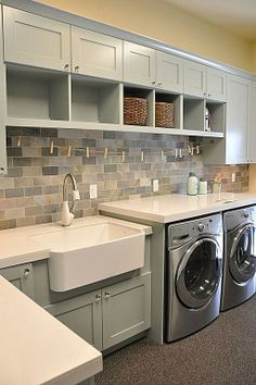 two pictures of the same kitchen and laundry room in one photo, each with their own washer and dryer