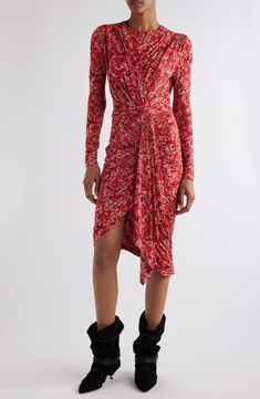 A softly blurred print brings rich color to this ruched and draped dress that envelops the body in fluid jersey. 28" to 38" length (size 34) Hidden back-zip closure Jewel neck Long sleeves 92% viscose, 8% elastane Dry clean Imported Designer Clothing Red Fits, Isabel Marant Etoile, Draped Dress, Jewel Neck, Fabric Gifts, Free Fabric, Nordstrom Dresses, Jersey Dress, Isabel Marant