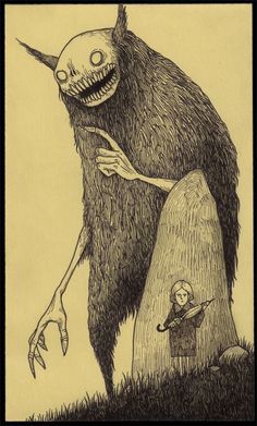 a drawing of a monster standing next to a little boy