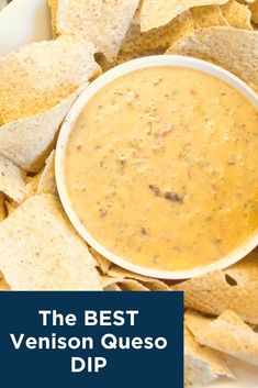 the best venison queso dip is in a white bowl surrounded by tortilla chips