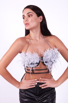 Wadsworth House gray ostrich feather bralette with black vegan leather strapping and chain halter Feather Boa Bra, Gold Feather Bra, Feather Wrist Bra Top, Ss23 Runway, Floating Feather, Caged Bra, Necklace Clasp, Necklace Clasps, Jewelry Clasps