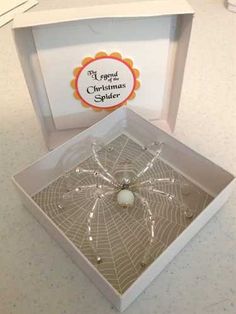 a spider web in a white box on a table