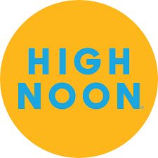 the high noon sun sips logo on a yellow circle with blue letters in it