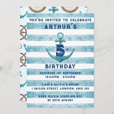 a blue and white striped birthday card with an anchor