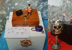 there are two pictures one has a skull and the other has a box with a pirate's chest on it