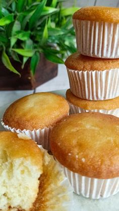 several muffins stacked on top of each other next to a potted plant