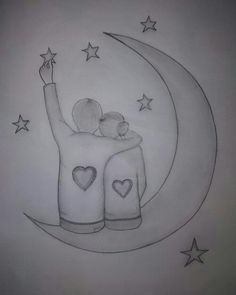 a drawing of two people sitting on the moon with their arms up in the air