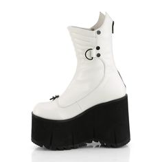 Demonia KERA-130 White Vegan Leather 4 1/2" Platform Calf High Boot, Metal Back Zip Calf High Boots, Cute Shoes Heels, Black Platform Boots, Platform Ankle Boots, Shoe Art, Shipping Orders, Calf Boots, Pretty Shoes, Womens Boots Ankle