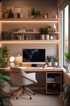 a desk with a computer on top of it in front of a window and potted plants