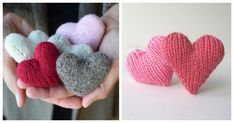 there are three knitted hearts in different colors and sizes, one is pink, the other is gray