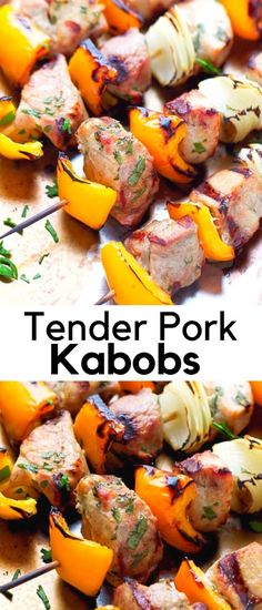 tender pork kabobs on skewers with peppers and parsley