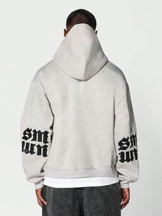 Regular Fit Overhead Hoodie With Applique Elbow Light Grey Casual  Long Sleeve Knitted Fabric Letter  Slight Stretch  Men Clothing, size features are:Bust: ,Length: ,Sleeve Length: Gray Graphic Print Sweatshirt For Streetwear, Gray Text Print Sweatshirt For Streetwear, Gray Hooded Techwear Sweatshirt, White Techwear Sweatshirt With Graphic Print, Techwear Graphic Print Long Sleeve Hoodie, Punk Man, College Ready, Men Hoodies, Womens Wide Leg Pants