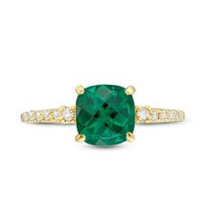 A colorful way to show your love, this engagement ring is the start of something beautiful. Crafted in warm 10K gold, this adventurous style features a 7.0mm cushion-shaped lab-created verdant-green emerald flanked by a pair of sparkling diamonds. Dainty diamonds line the shank for the perfect touch of shimmer. Radiant with 1/8 ct. t.w. of diamonds and a brilliant buffed luster, this engagement ring is a unique choice to celebrate your romance. Lab Created Emerald, Rings Wedding, Gold Engagement, Gold Engagement Rings, Sparkle Diamonds, Something Beautiful, Cushion Cut, 10k Gold, The Start