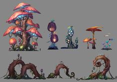 the concept art for an upcoming video game is shown in this image, including mushrooms and plants