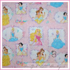 the disney princesses are on pink and blue fabric