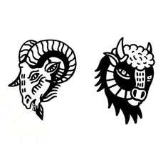 two black and white drawings of rams with horns on them, one is facing the opposite direction