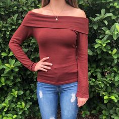 Off The Shoulder Knit Long Sleeve Top! New Condition With Tags Chic Red Knit Top For Fall, Red Knit Top For Fall, Fitted Burgundy Knit Tops, Burgundy Knit Top For Fall, Fitted Red Knit Top For Fall, Casual Red Soft Knit Top, Red Casual Soft Knit Top, Trendy Red Soft Knit Top, Casual Burgundy Knit Top