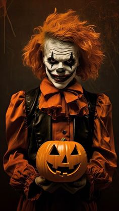 a creepy clown holding a pumpkin in his hands