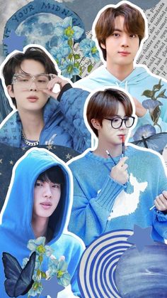 the collage has many images of people in blue sweaters and hoodies with butterflies on them