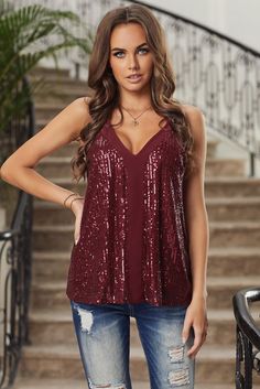 Sequin Racerback Tank - BELLATRENDZ Vest Style Women, Sparkly Tank Top, Sequin Decor, Mini Robes, Top Plus Size, Sequin Tank, Red Sequin, Sequin Tank Tops, Loose Outfit