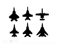 the silhouettes of four fighter jets are shown in black on a white background,