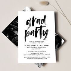 a black and white graduation party card with the words grad party written on it