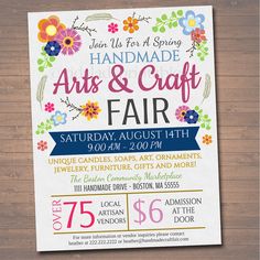 an art and craft fair flyer on a wooden table with flowers in the background,