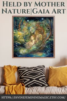 a painting hanging on the wall above a couch with pillows and throw pillows in front of it